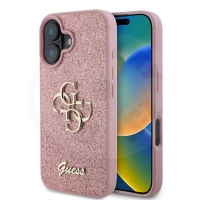 Guess PU Fixed Glitter 4G Metal Logo Back Cover for iPhone 16 Pink